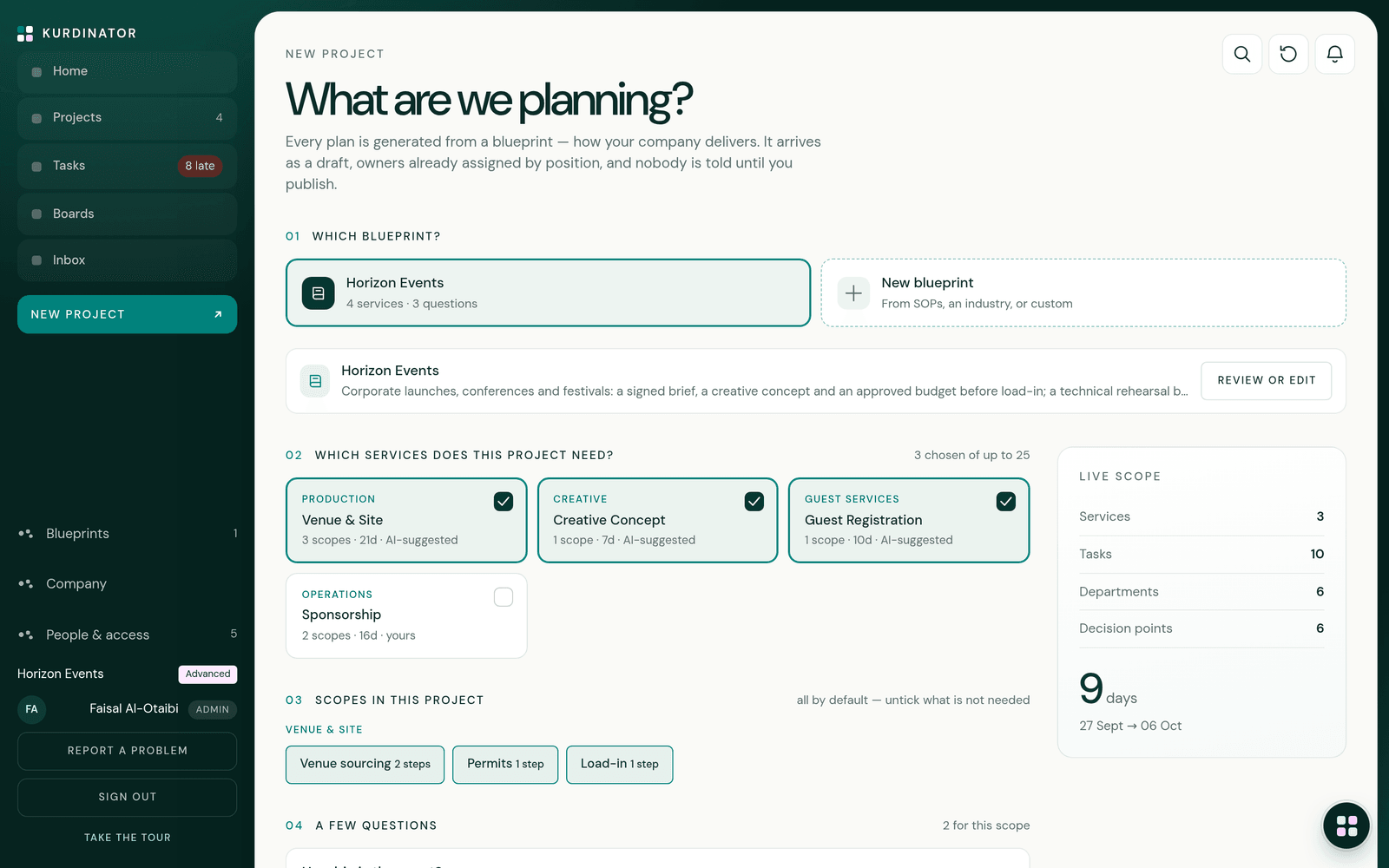 The New project screen with services ticked and the live scope